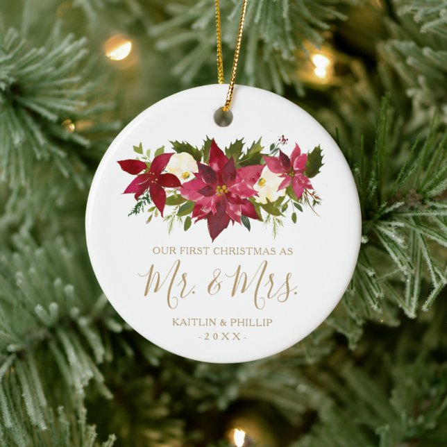 Photo Poinsettia Elegant Newlywed First Christmas Ceramic Tree Decoration (Tree)