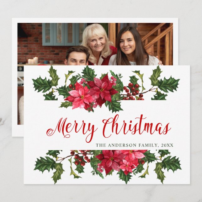 PHOTO Poinsettia Mistletoe Christmas Greeting Holiday Card (Front/Back)