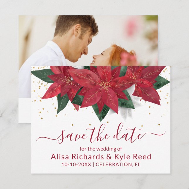 Photo Poinsettia Red Christmas Wedding Announcement (Front/Back)