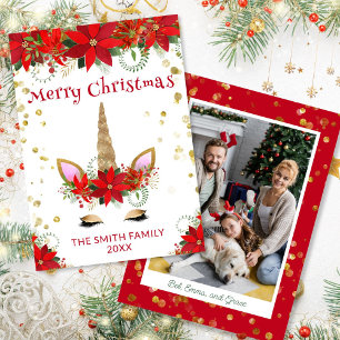 Photo Poinsettia Unicorn with Red Christmas Card