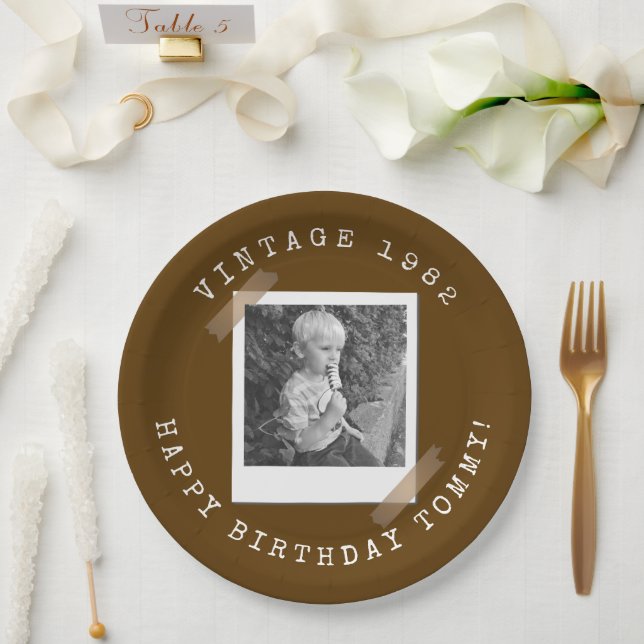 Photo Polaroid Vintage Birthday Brown Paper Plate (Wedding)