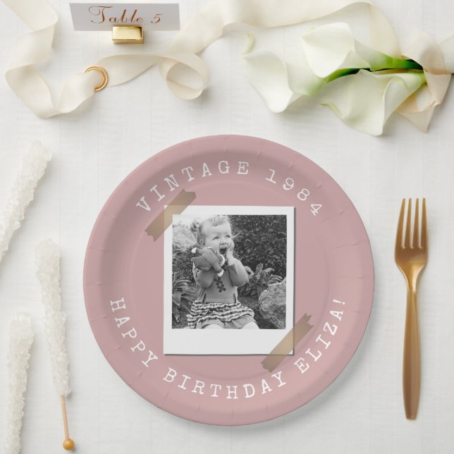 Photo Polaroid Vintage Birthday Dusty Pink Paper Plate (Wedding)
