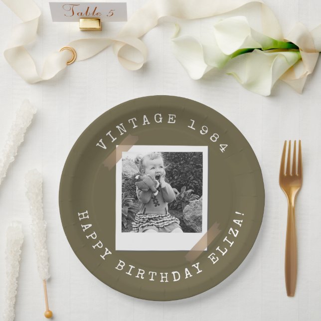 Photo Polaroid Vintage Birthday Greyish Brown Paper Plate (Wedding)