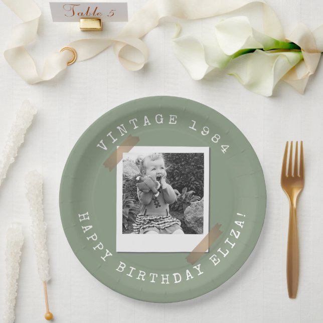 Photo Polaroid Vintage Birthday Sage Green Paper Plate (Wedding)
