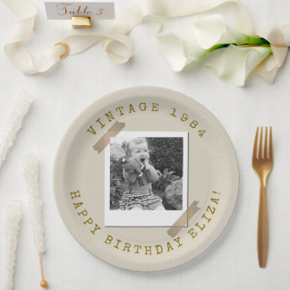 Photo Polaroid Vintage Birthday Sandy Beige Paper Plate