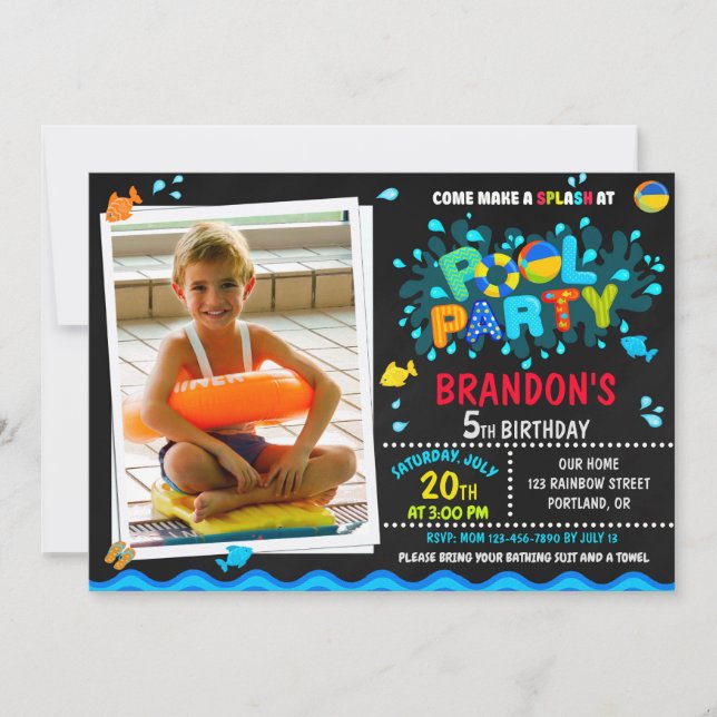 Photo Pool birthday invitation Boy pool party kids (Front)