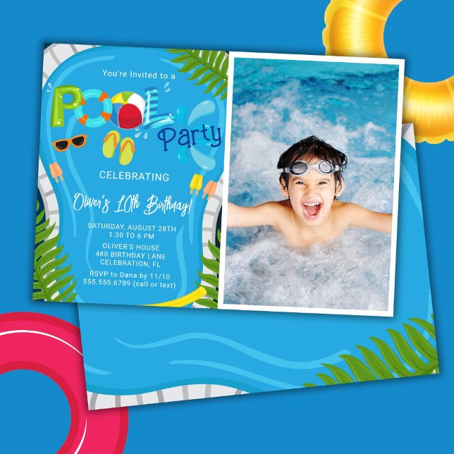 Photo Pool Party Summer Boy Birthday Party Invitation (Creator Uploaded)