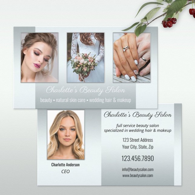 Photo Portfolio Beauty Salon Professional Silver Business Card (Creator Uploaded)