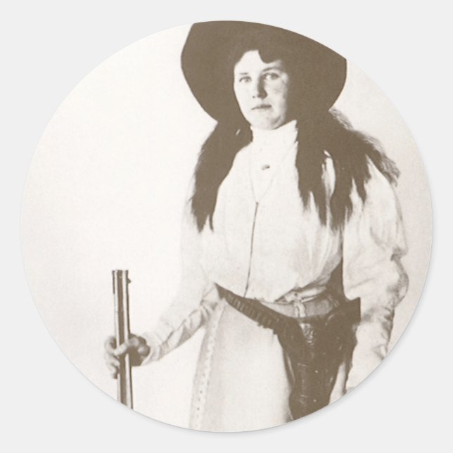 Photo Portrait of a Cowgirl Holding a Rifle, c1910 Classic Round Sticker (Front)