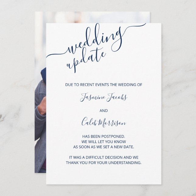 Photo Postponement Card Blue Script Wedding Update (Front/Back)