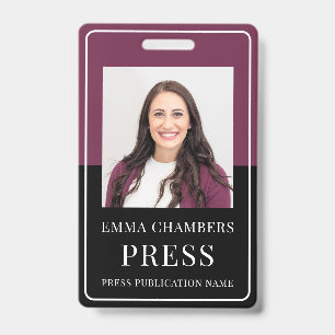 Photo Press Pass Burgundy Black ID Badge