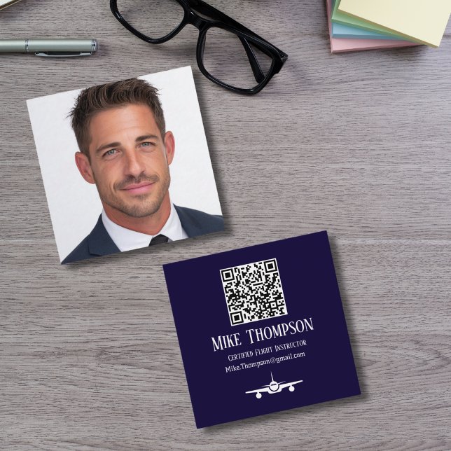Photo Professional QR Code Pilot Blue Aviation  Square Business Card (Creator Uploaded)