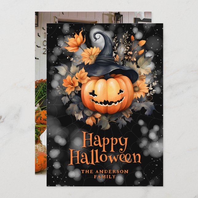 Photo Pumpkin Black Hat Happy Halloween Card (Front/Back)