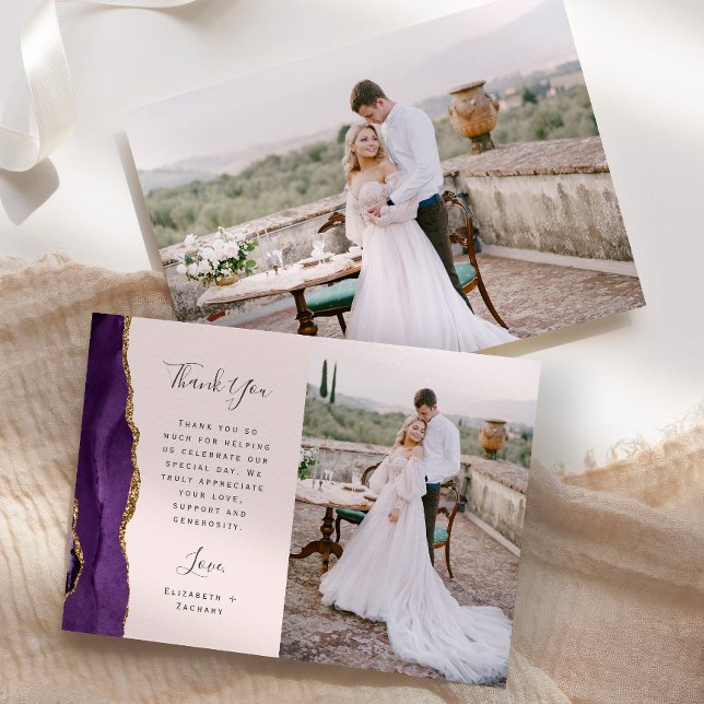 Photo Purple Agate Gold Blush Wedding Thank You Card (Creator Uploaded)