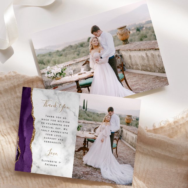 Photo Purple Agate Gold Script Marble Wedding Thank You Card (Creator Uploaded)