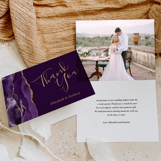 Photo Purple Agate Gold Wedding Thank You Card (Creator Uploaded)