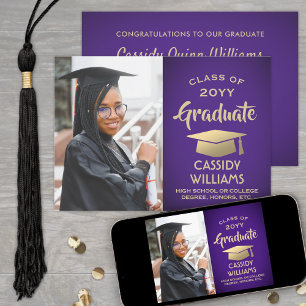 Photo Purple and Gold Elegant Modern Graduation Invitation