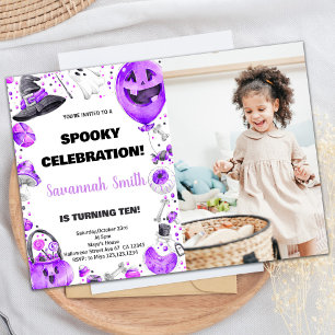Photo Purple Ballon Halloween Birthday Invitations