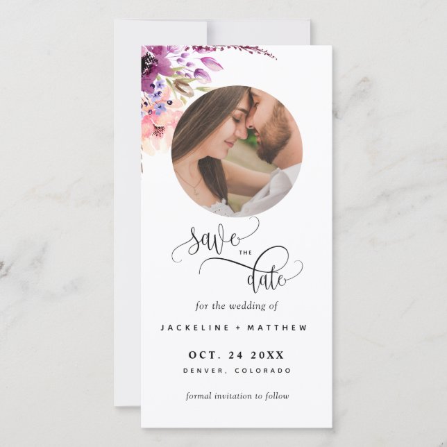 Photo Purple Floral Wedding Save The Date Bookmark (Front)
