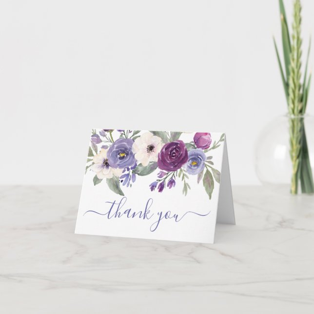 Photo Purple Floral Wedding Thank You Card (Front)