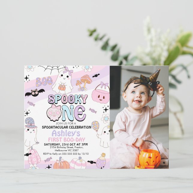 Photo Purple Girls Spooky Halloween 1st Birthday Invitation (Standing Front)