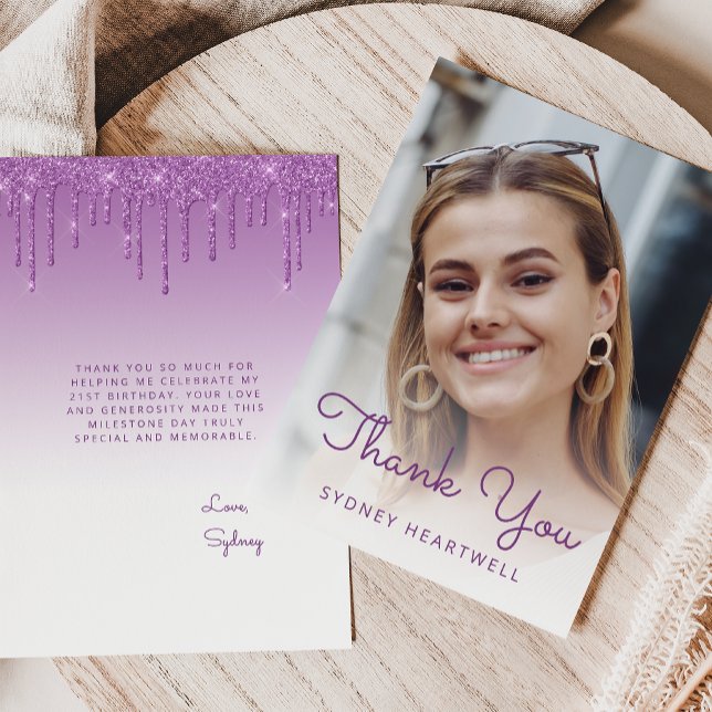 Photo Purple Glitter Drip Birthday Thank You Card (Creator Uploaded)