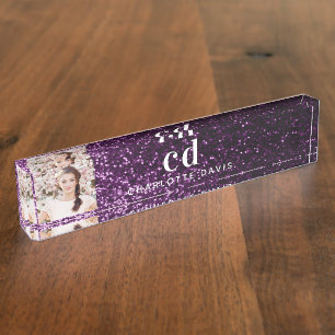 Photo purple glitter monogram initials nameplate