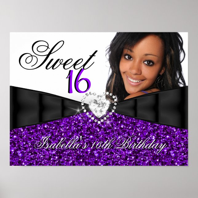Photo Purple Glitter Sweet 16 16th Birthday Banner Poster (Front)