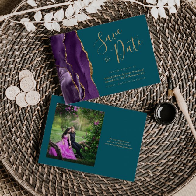 Photo Purple Gold Agate Teal Wedding Save the Date (Creator Uploaded)