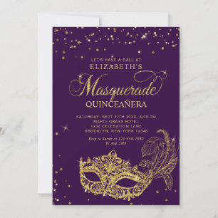 Photo Purple Gold Glitter Masquerade Quinceañera Invitation