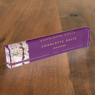 Photo purple gold monogram minimalist nameplate