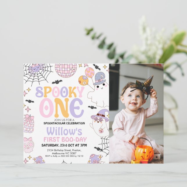 Photo Purple Halloween Spooky One 1st Birthday Invitation (Standing Front)