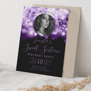 PHOTO Purple Hollywood Lights Sweet 16 Party Invitation