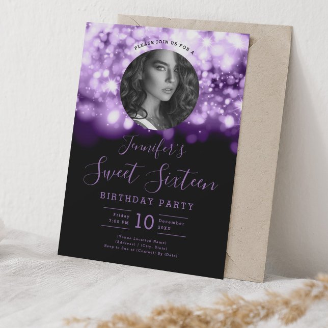 PHOTO Purple Hollywood Lights Sweet 16 Party Invitation (PHOTO Purple Hollywood Lights Sweet 16 Party Invitation)