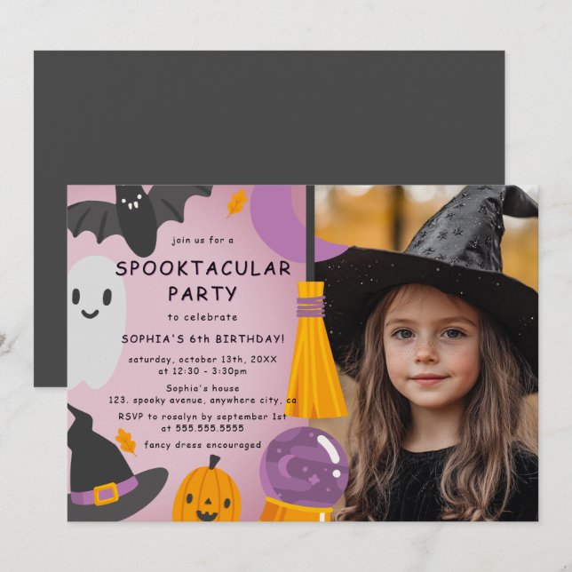 Photo Purple Orange Cute Halloween Kids Birthday Invitation (Front/Back)