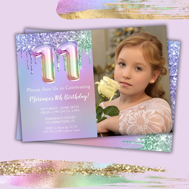 Photo Purple Pink Glitter 11th Birthday Party Invitation (Creator Uploaded)
