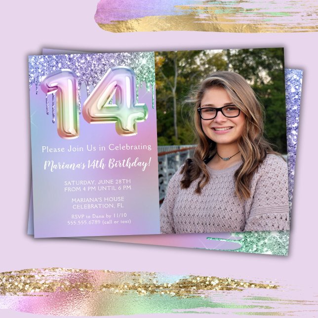Photo Purple Pink Glitter 14th Birthday Party Invitation (Creator Uploaded)