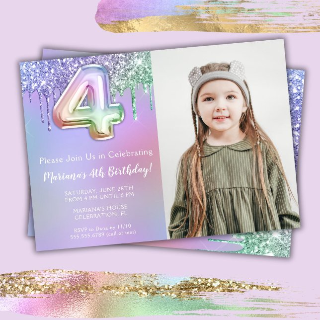 Photo Purple Pink Glitter 4th Birthday Party Invitation (Creator Uploaded)