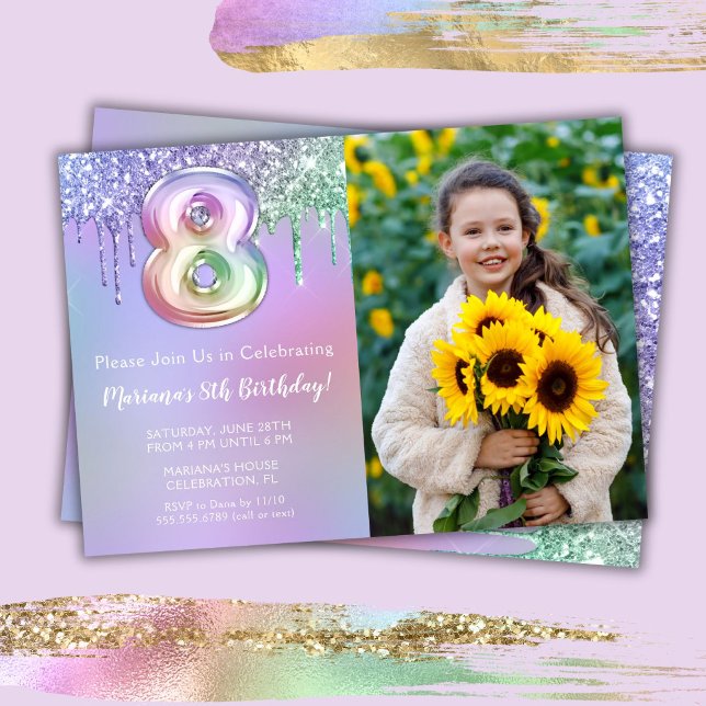Photo Purple Pink Glitter 8th Birthday Party Invitation (Creator Uploaded)