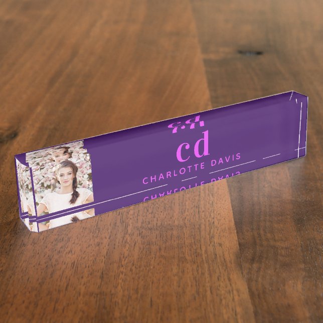Photo purple pink monogram initials elegant nameplate (Side)