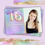 Photo Purple Pink Sweet 16th Birthday Party Invitation<br><div class="desc">Photo Sweet 16 birthday party invitation purple pink glitter drips 16th birthday party invitation for a 16 year old girl with modern script writing and fun foil balloons.</div>