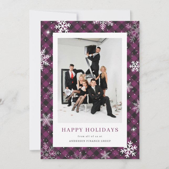 Photo Purple Plaid Snowflake Corporate Business Holiday Card (Front)