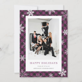 Photo Purple Plaid Snowflake Corporate Business Holiday Card