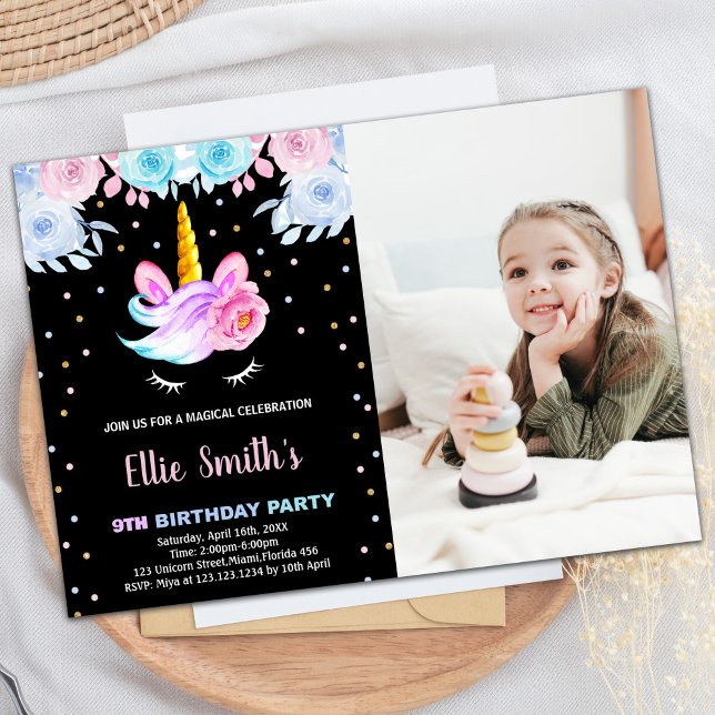 Photo Purple Rainbow Pink Unicorn Birthday Invitation (Photo Purple Rainbow Pink Unicorn Birthday Invitation)
