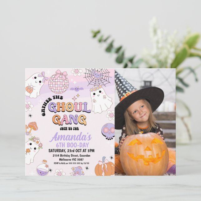 Photo Purple Retro Ghoul Gang Halloween Birthday Invitation (Standing Front)