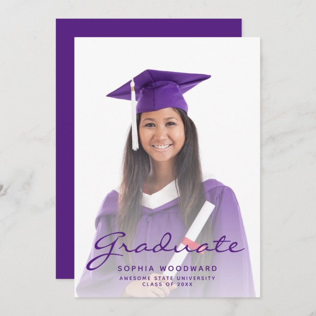 Photo Purple Script Graduation Announcement (Front/Back)