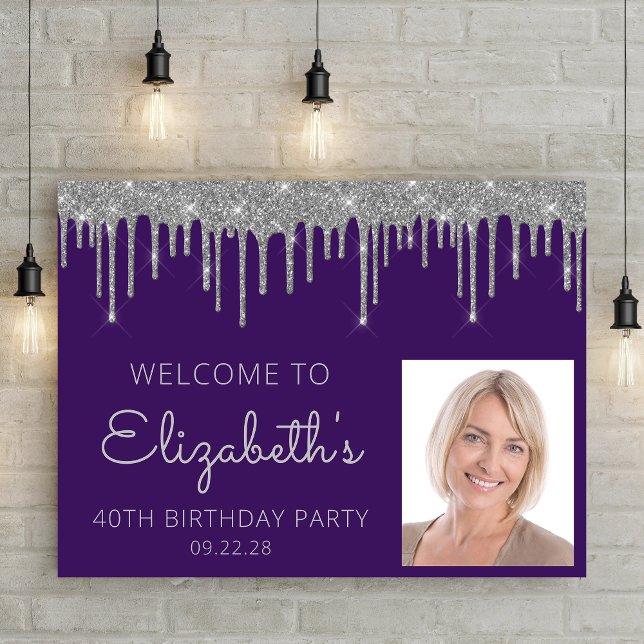 Photo Purple Silver Glitter 40th Birthday Welcome Poster (Creator Uploaded)