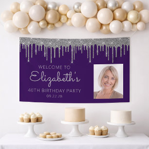 Photo Purple Silver Glitter Drip 40th Birthday Banner