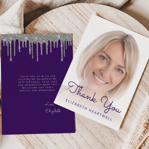 Photo Purple Silver Glitter Drip 40th Birthday Thank You Card