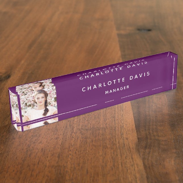 Photo purple white monogram minimalist nameplate (Side)